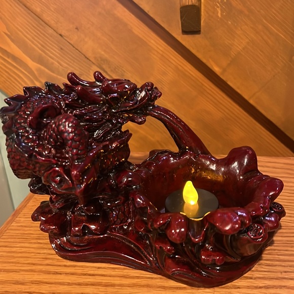 Vintage Chinese Red Lacquer Resin Dragon Holder Candle, Trinket, Ashtray Coins - Picture 8 of 10